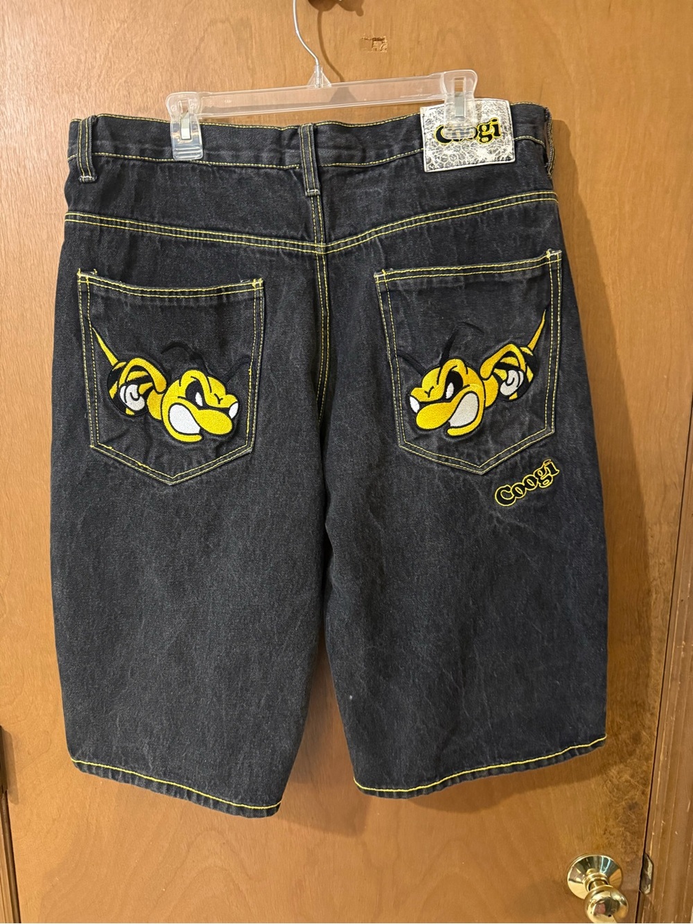 Vintage COOGI Black Denim Shorts with Yellow Bee Embroidery